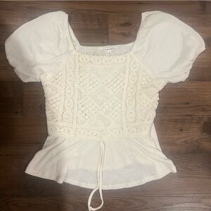 Flowy ivory Boho Blouse with Crochet Waist – Summer Peasant Top XL
